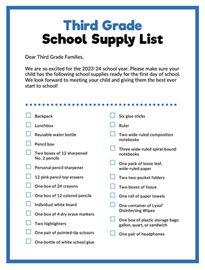 3rd Grade Supply List